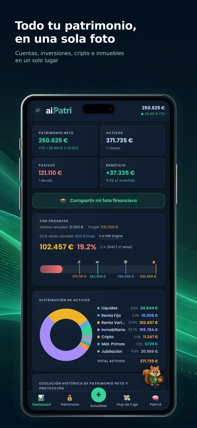 Captura de aiPatri: dashboard con patrimonio neto, activos, pasivos y distribución de clases de activo