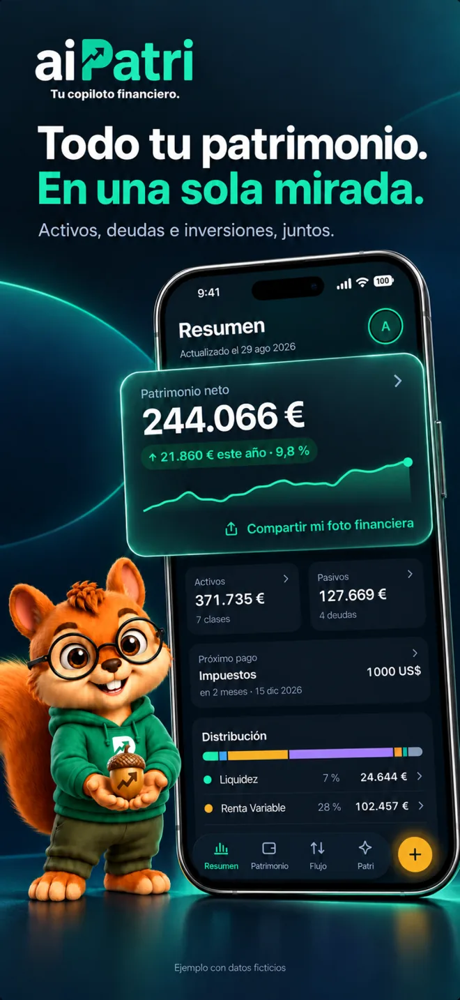Captura de aiPatri: pantalla Resumen con patrimonio neto, activos, pasivos y distribución por clases de activo