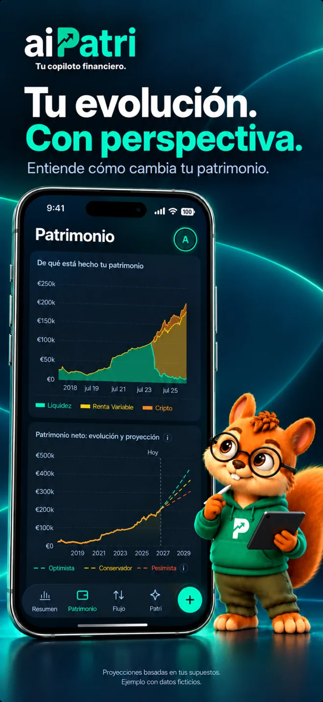 Captura de aiPatri: evolución del patrimonio por clases de activo y proyección del patrimonio neto