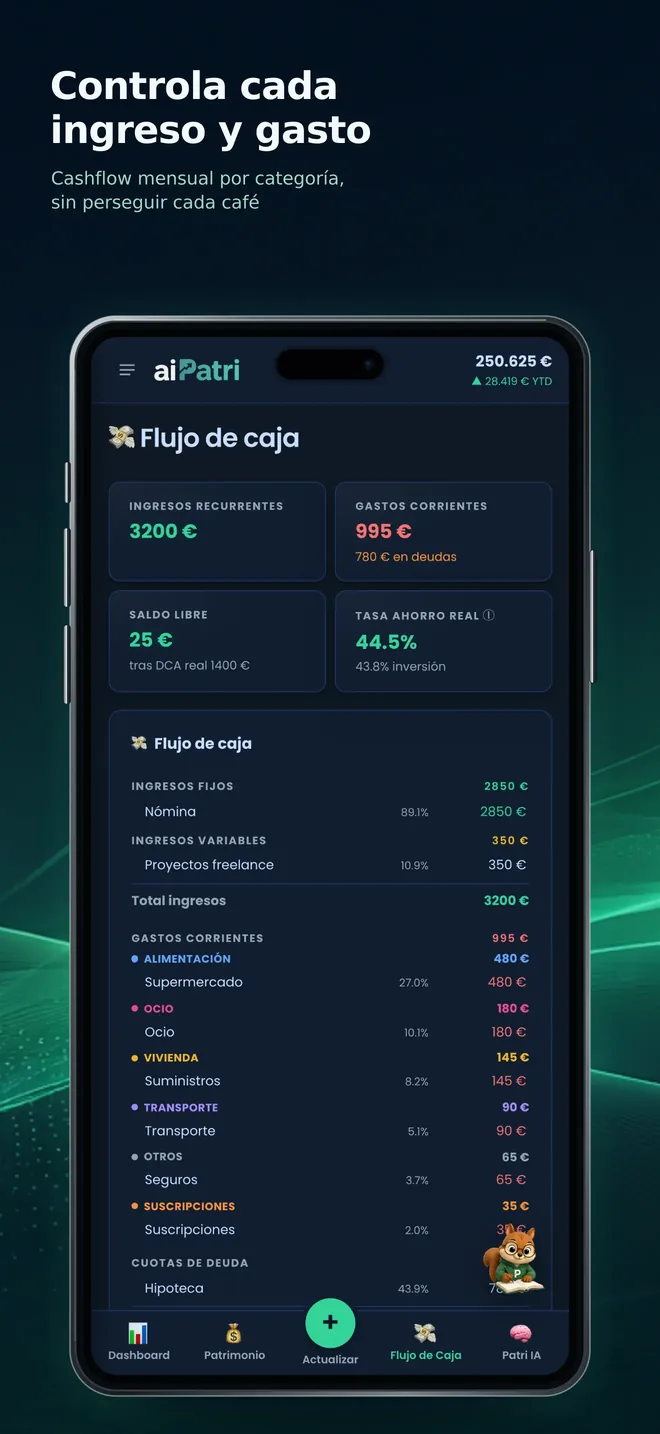 Captura de aiPatri: cashflow mensual por categoría de ingresos y gastos