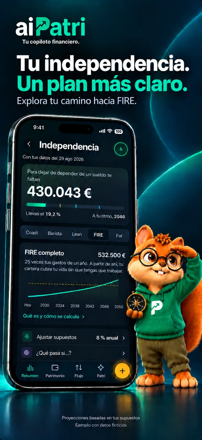 Captura de aiPatri: pantalla Independencia con lo que falta para la libertad financiera y el plan FIRE