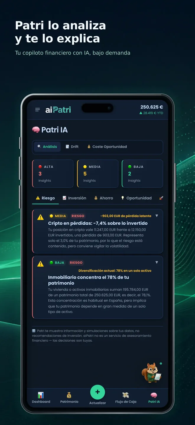 Captura de aiPatri: Patri IA analizando riesgos y oportunidades del patrimonio
